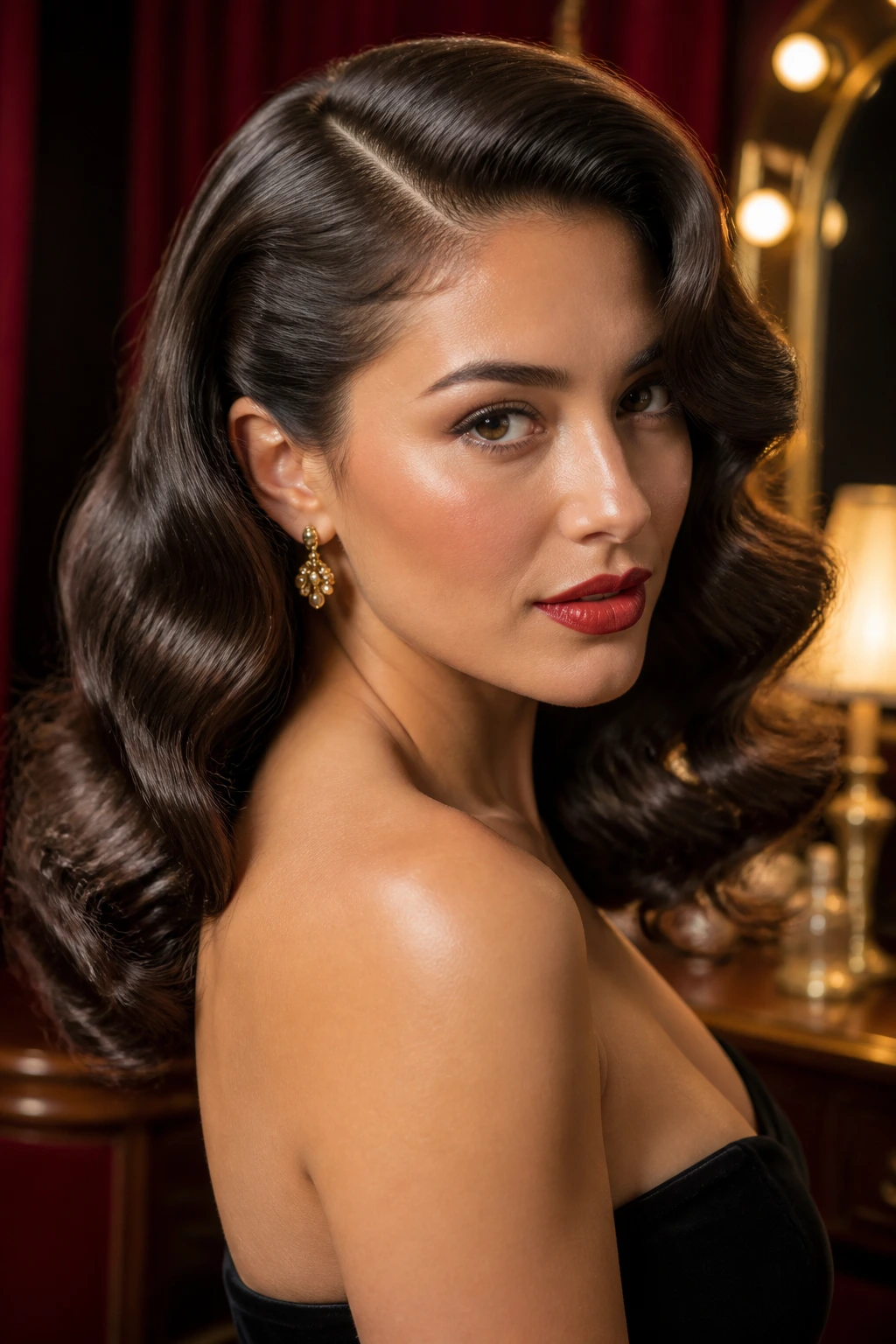 Portrait of a real woman with a deep side part and old-Hollywood curls in a dressing room.