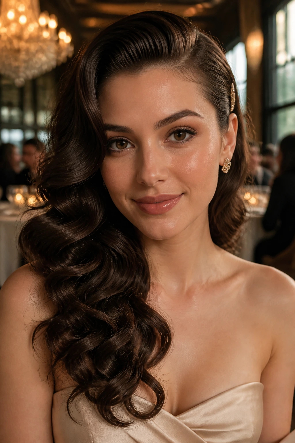 Close-up of a real woman with side-swept old Hollywood curls and a pin behind the ear