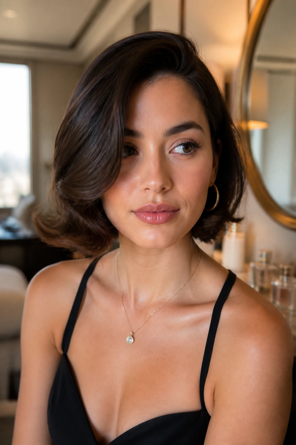 Close-up portrait of a real woman with a loose Hollywood flip at the ends