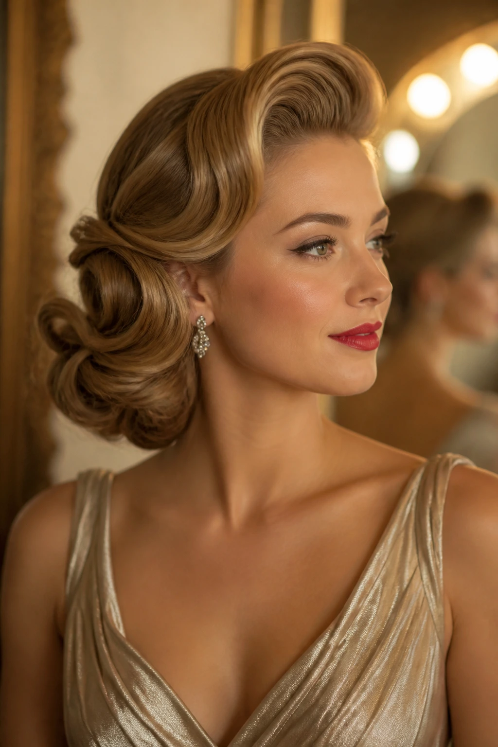 Real woman with Old-Hollywood side roll hairstyle in a vintage-inspired setting.