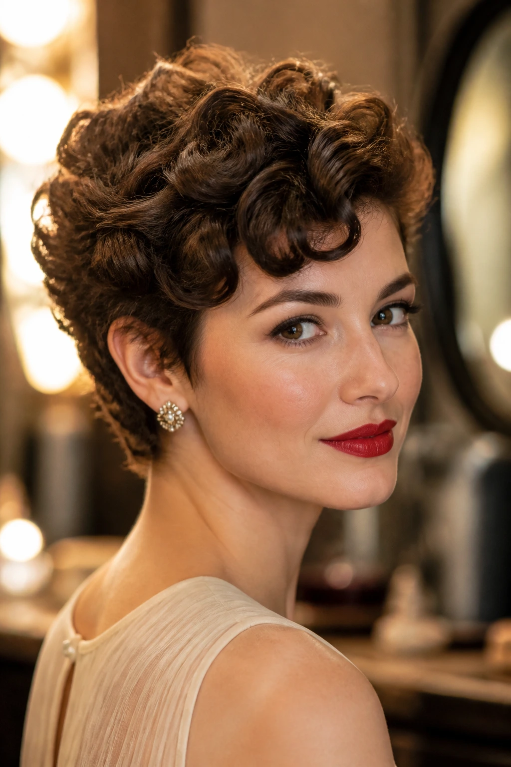 Portrait of a woman with Old-Hollywood Halo Pixie hairstyle in warm amber light.