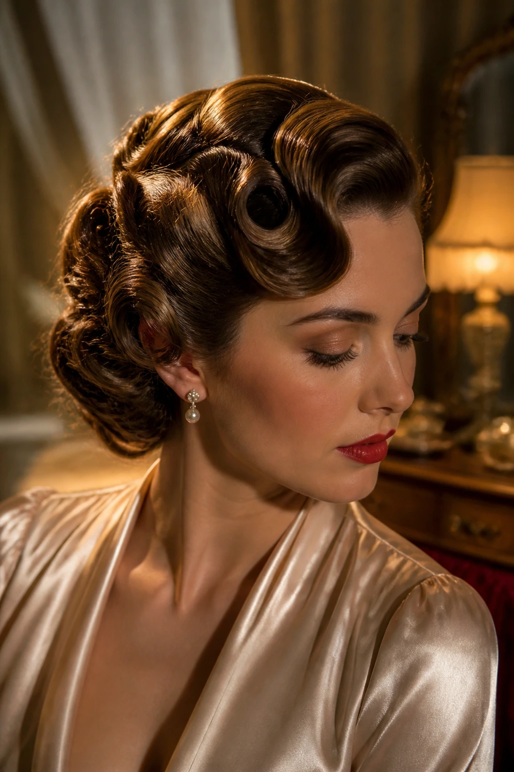 Close-up of a real person with an old-Hollywood pin curl updo