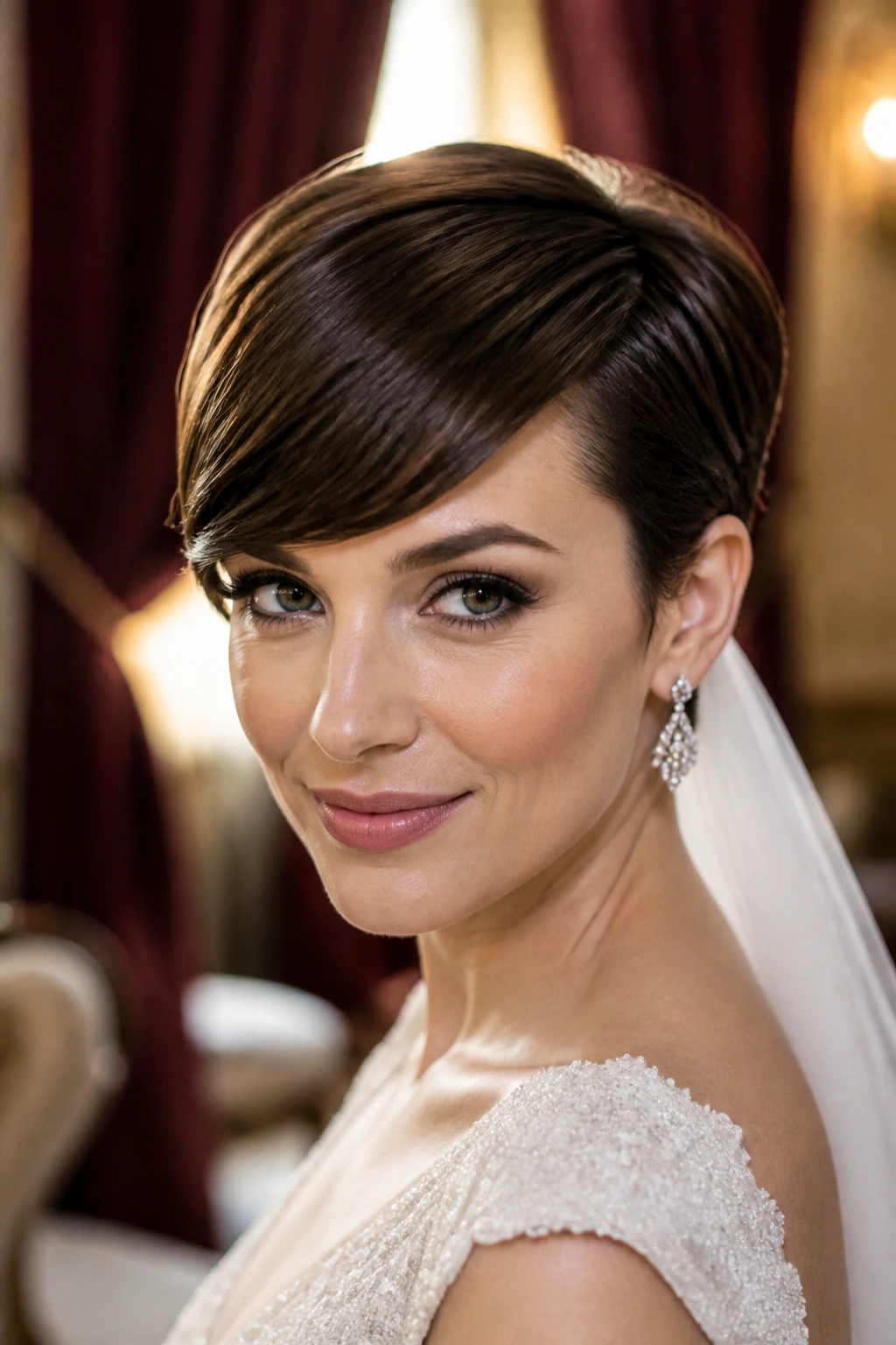 Bride with old-Hollywood side-sweep pixie
