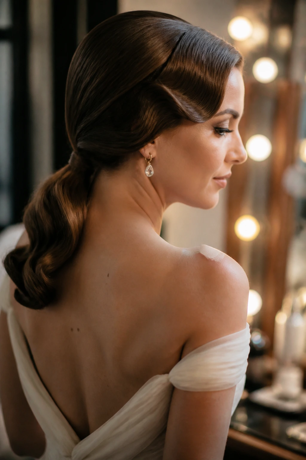 Bride with old Hollywood low ponytail.