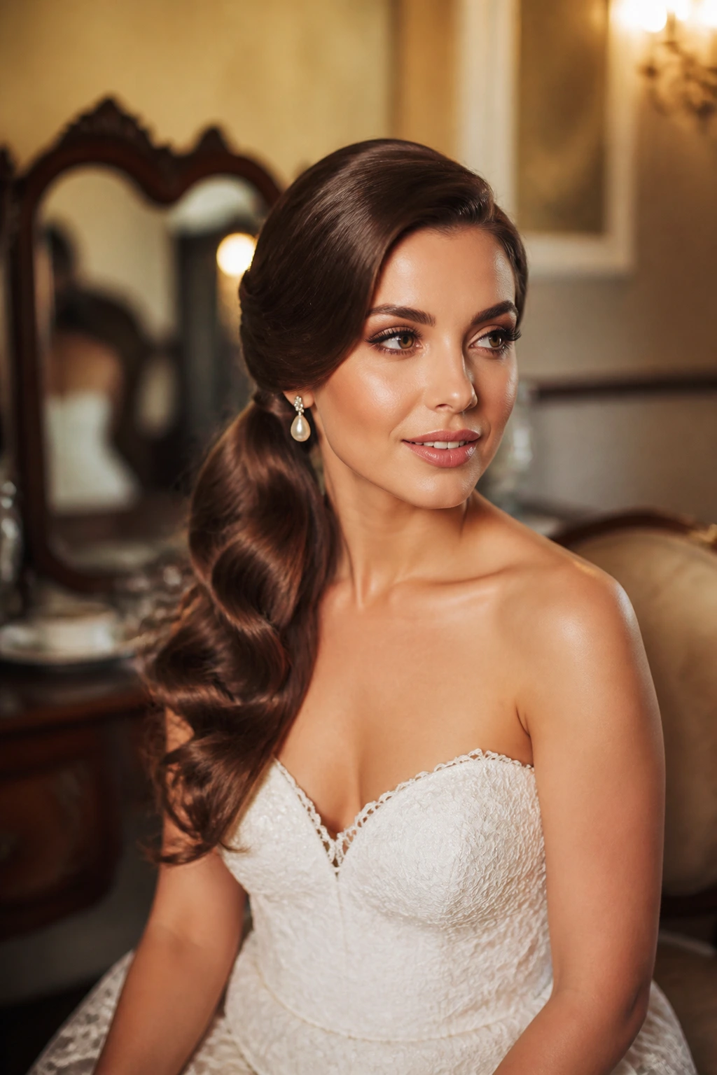 Real bride with old-Hollywood side ponytail and brushed waves