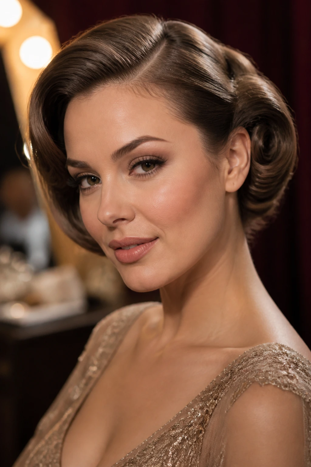 Close-up of a real woman with a deep side-parted, rolled Old Hollywood hairstyle