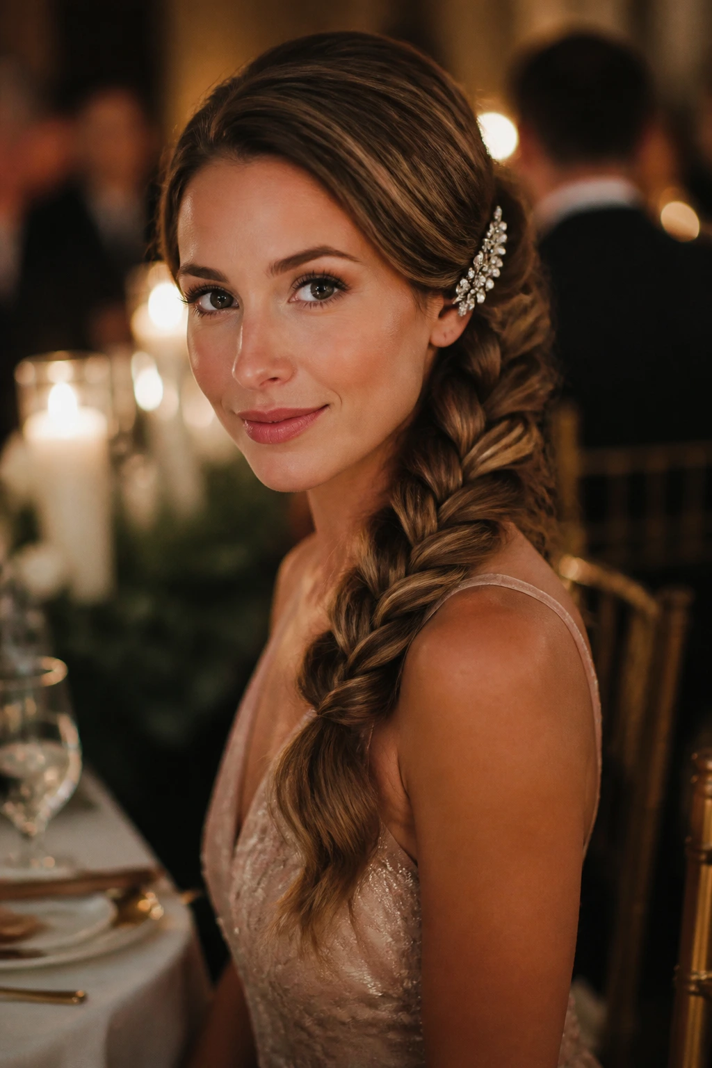 Portrait of old-Hollywood side braid draped over the shoulder with clip.
