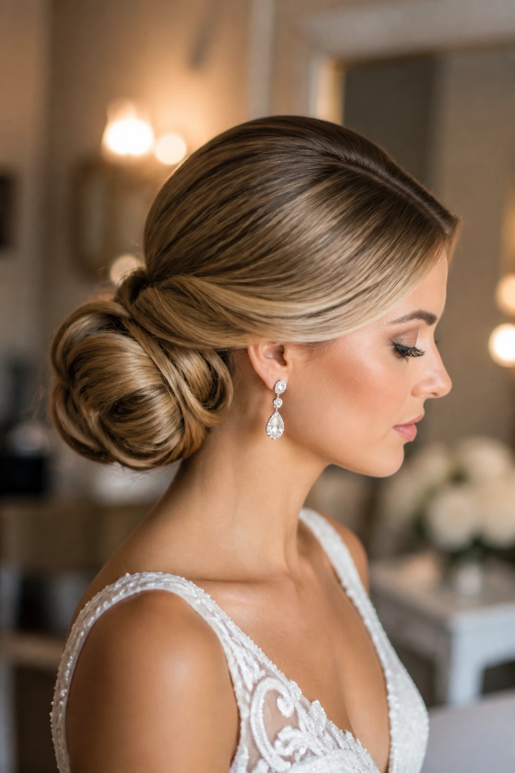 Profile of bride with old-Hollywood side bun and hidden padding