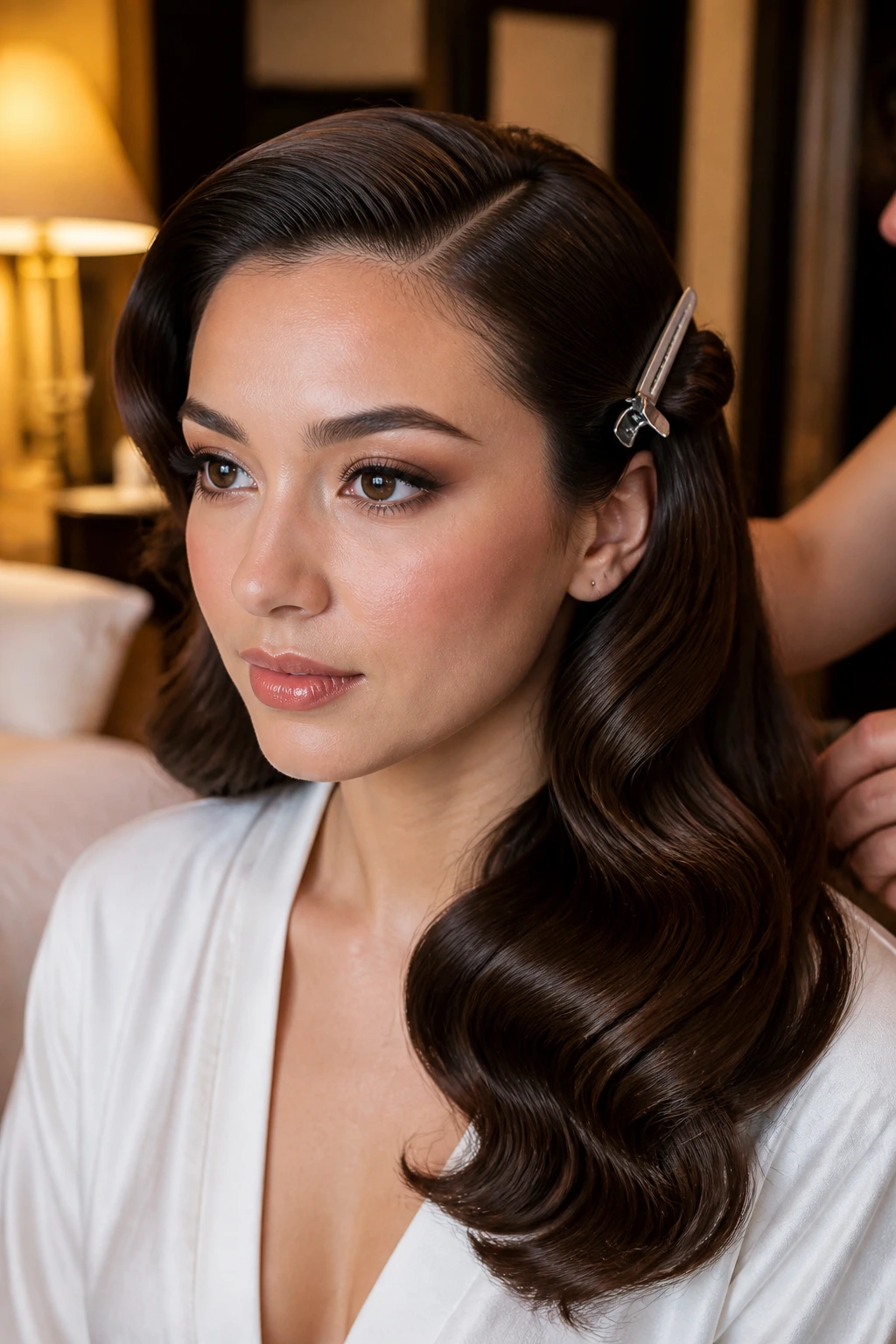 Close-up of a real woman with a deep side part and glossy Hollywood curls
