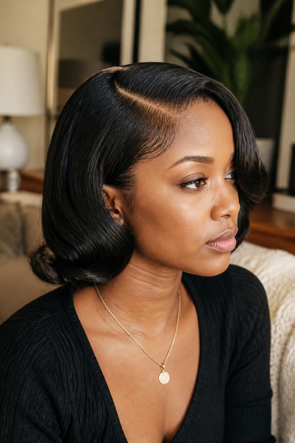 Real Black woman with deep side-part and sculpted wave