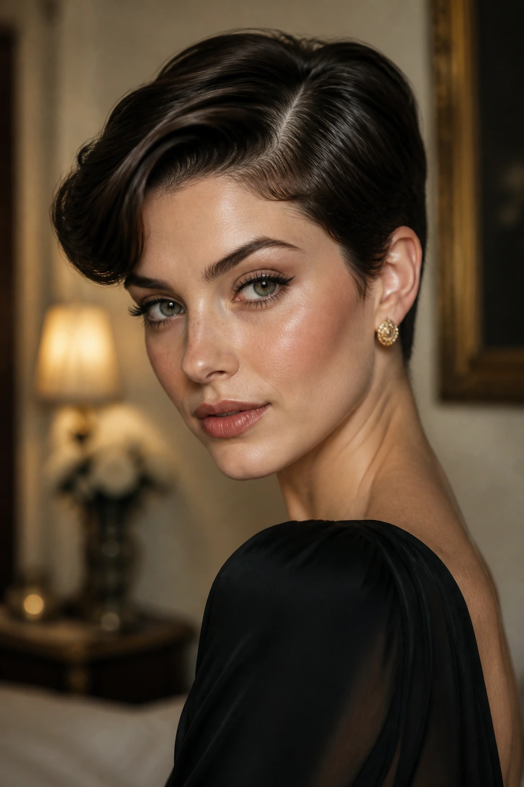 Close-up portrait of a real woman with a deep side part pixie and glossy finish