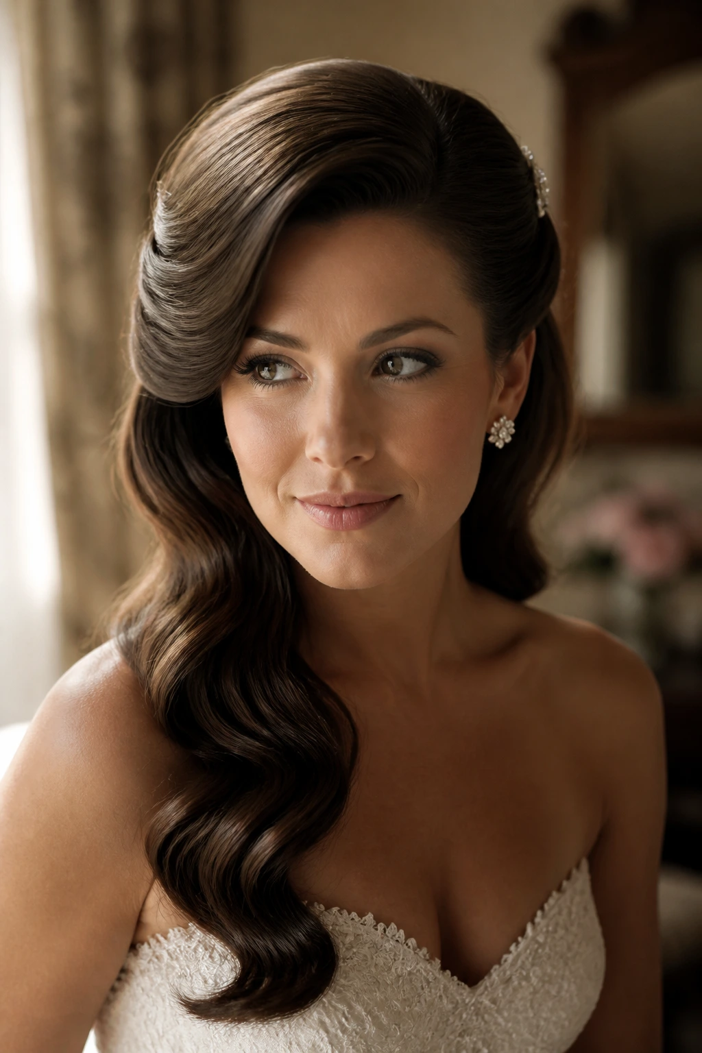 Bride with deep side part and old Hollywood waves pinned back