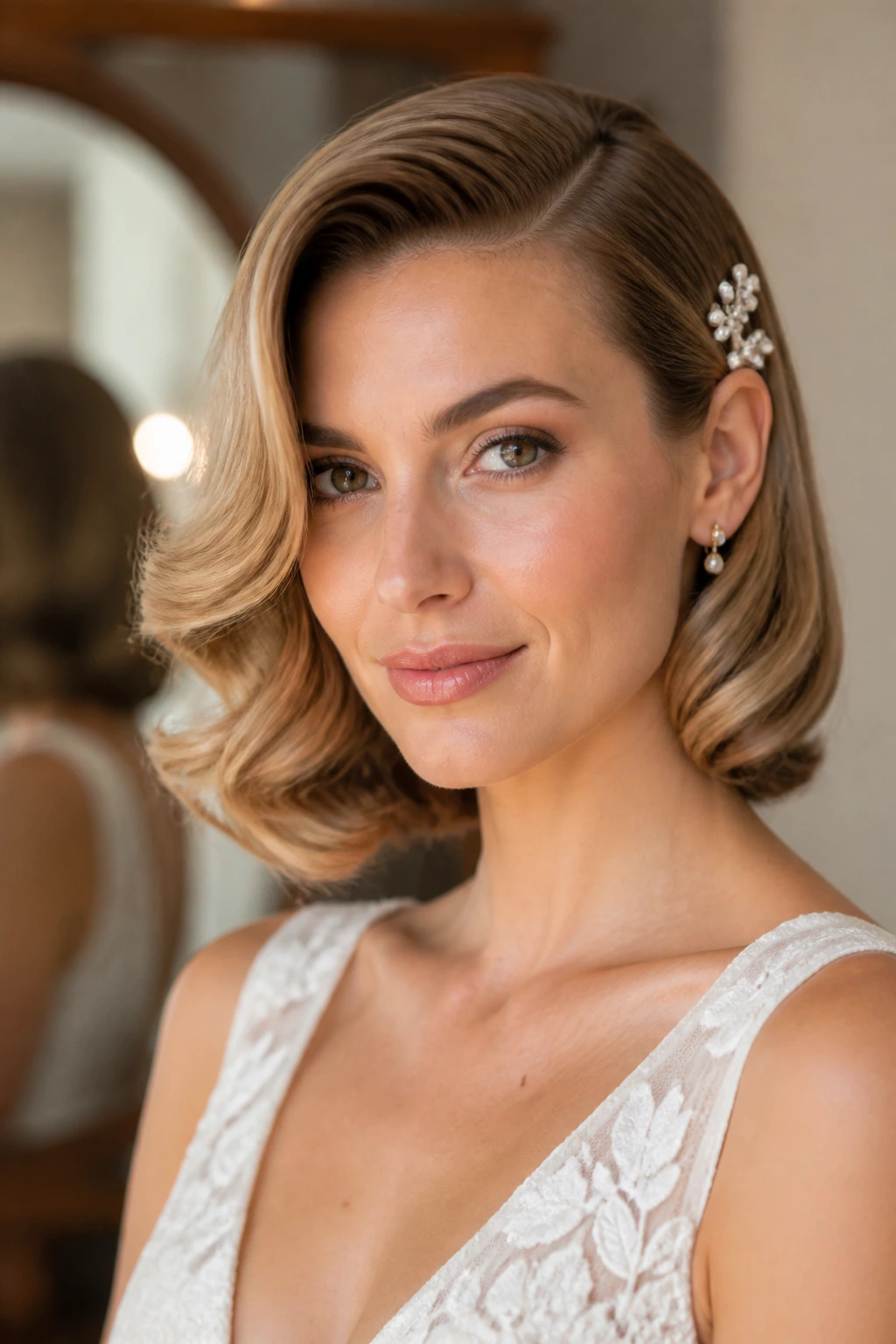 Close-up of a real bride with old Hollywood side-sweep waves on a lob
