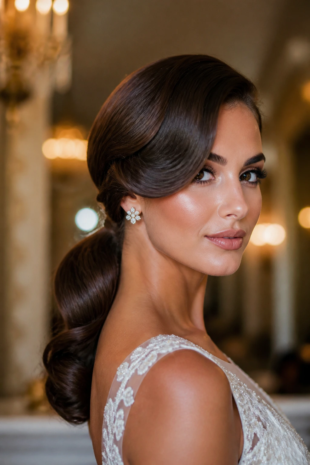 Bride with deep side-part side-swept low ponytail in elegant venue