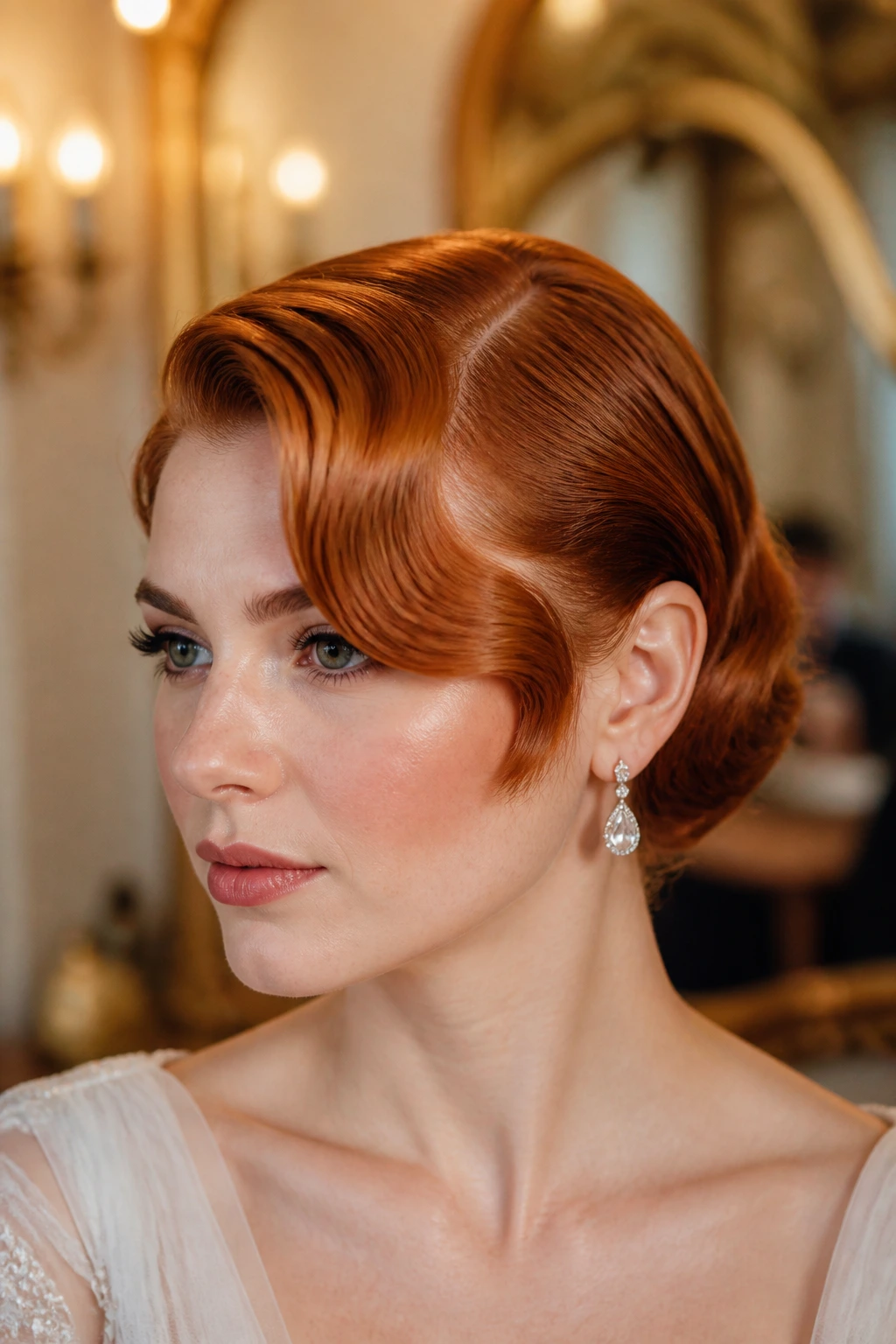 Close-up of a real woman with an old-Hollywood side wave on a short red cut.