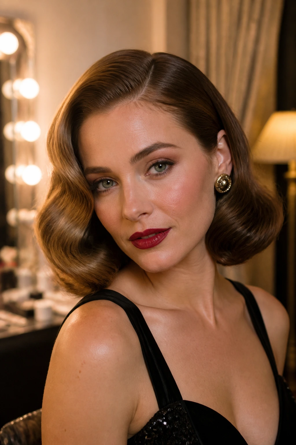 Close-up of real woman with brushed-out wave bob and side part