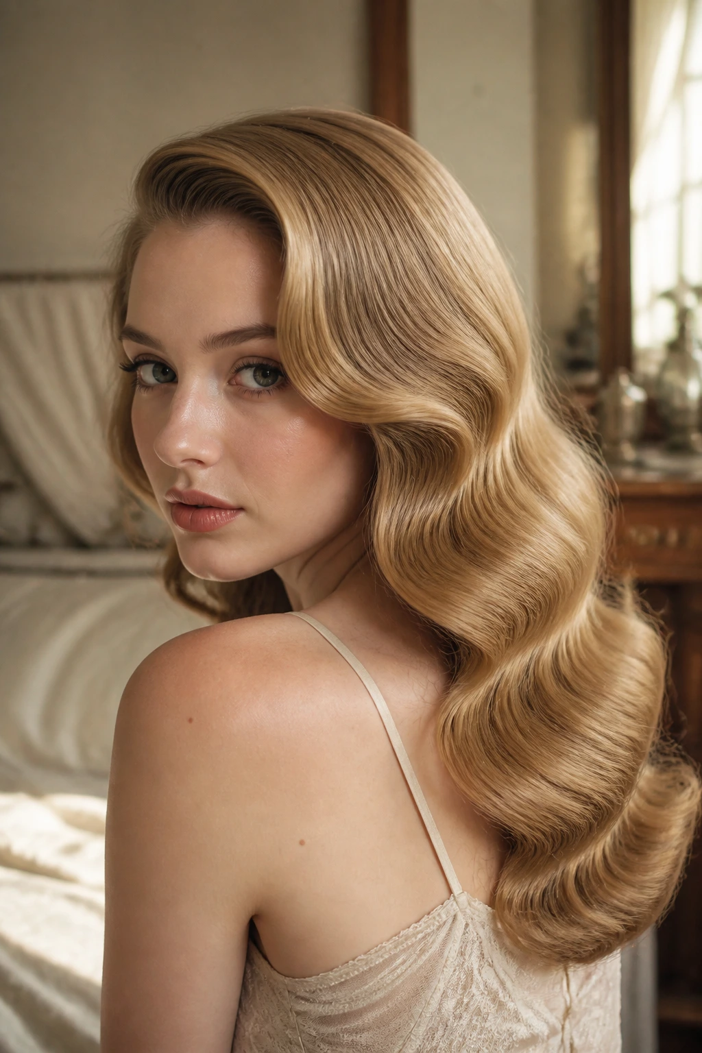 Close-up of a real woman with Old Hollywood brush-out waves creating dense glossy curves