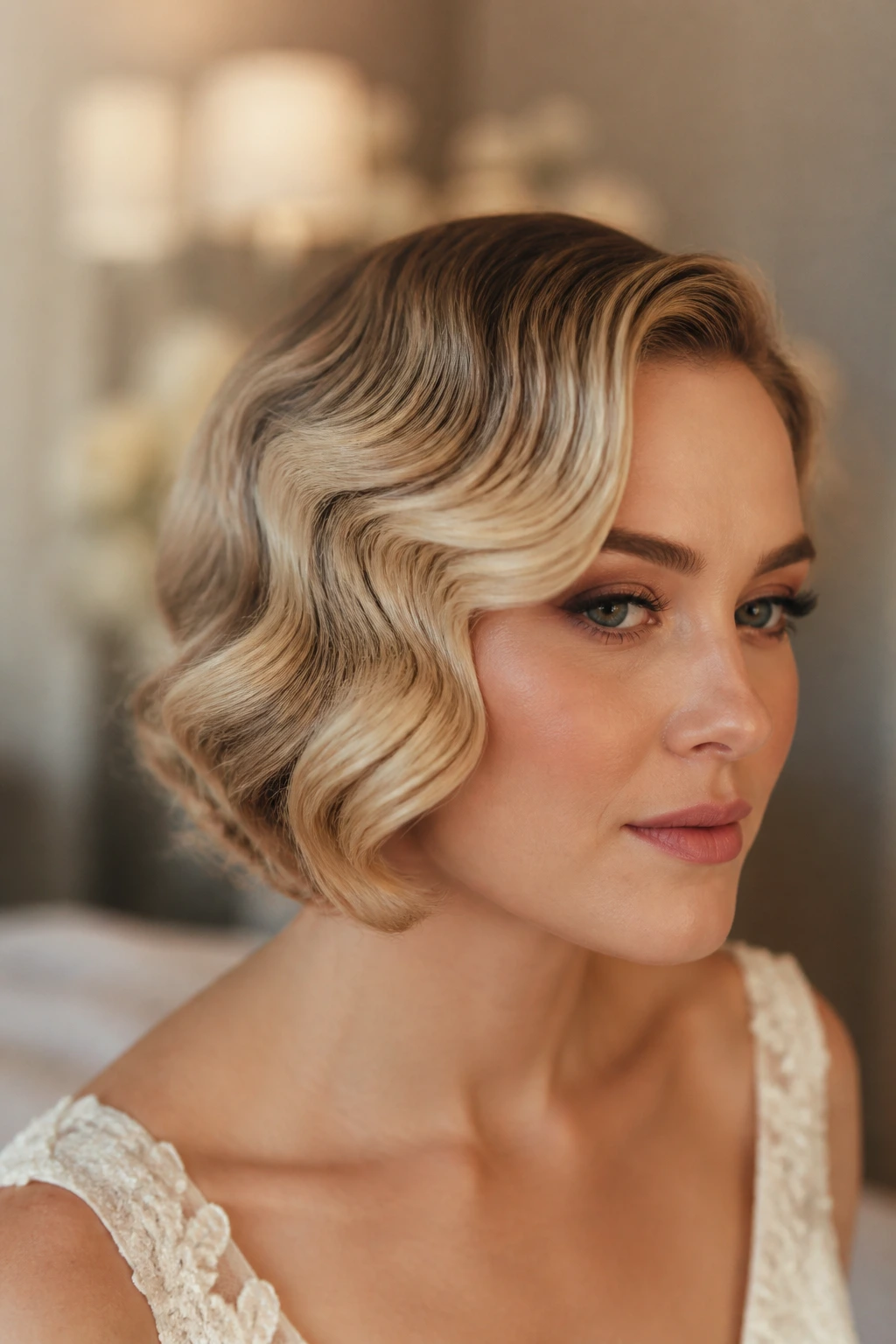 Bride with old Hollywood waves on a short haircut