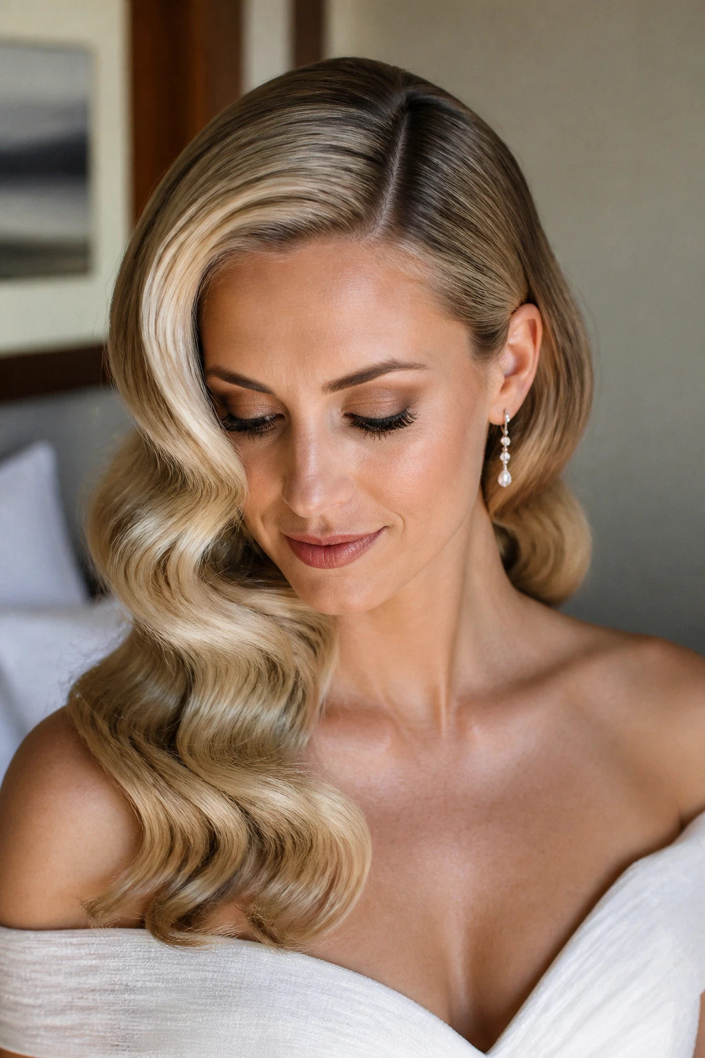Bride with old-Hollywood waves and deep side part