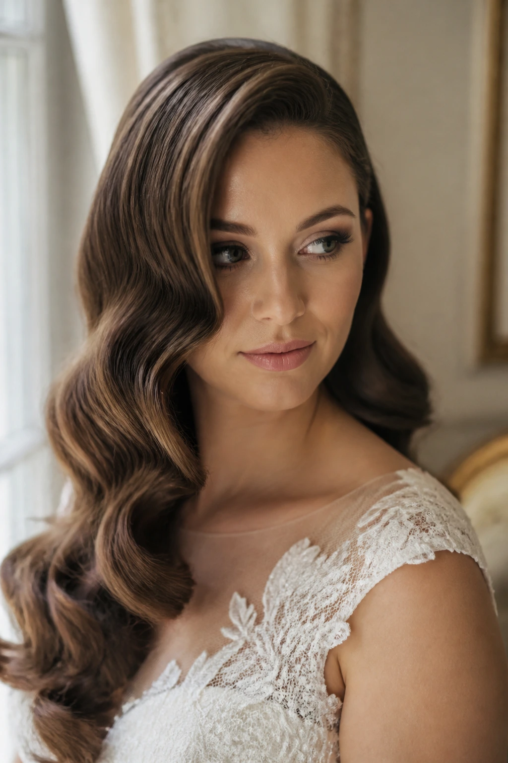 Bride with deep side part waves portrait