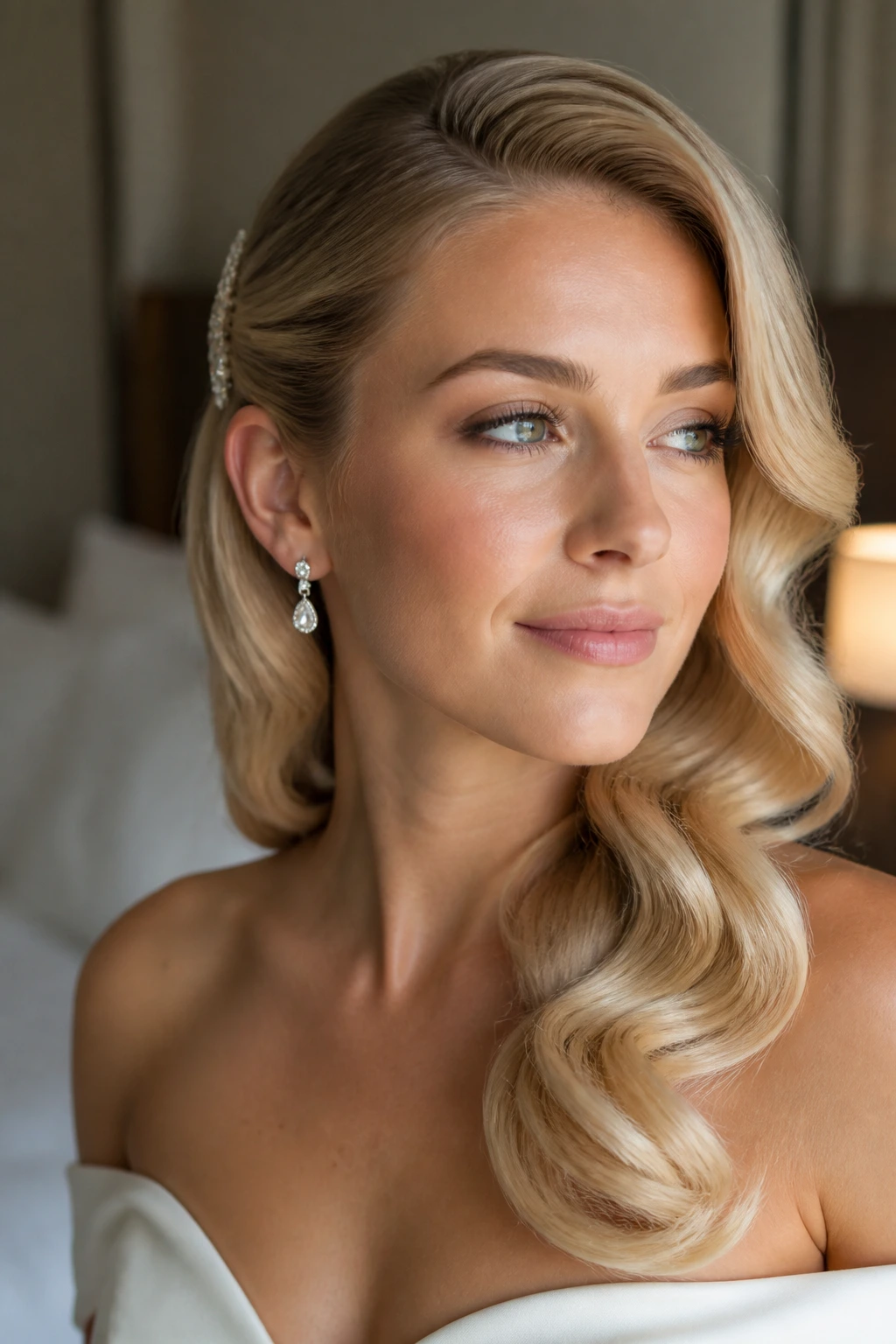 Close-up of a real bride with side-swept Old Hollywood waves
