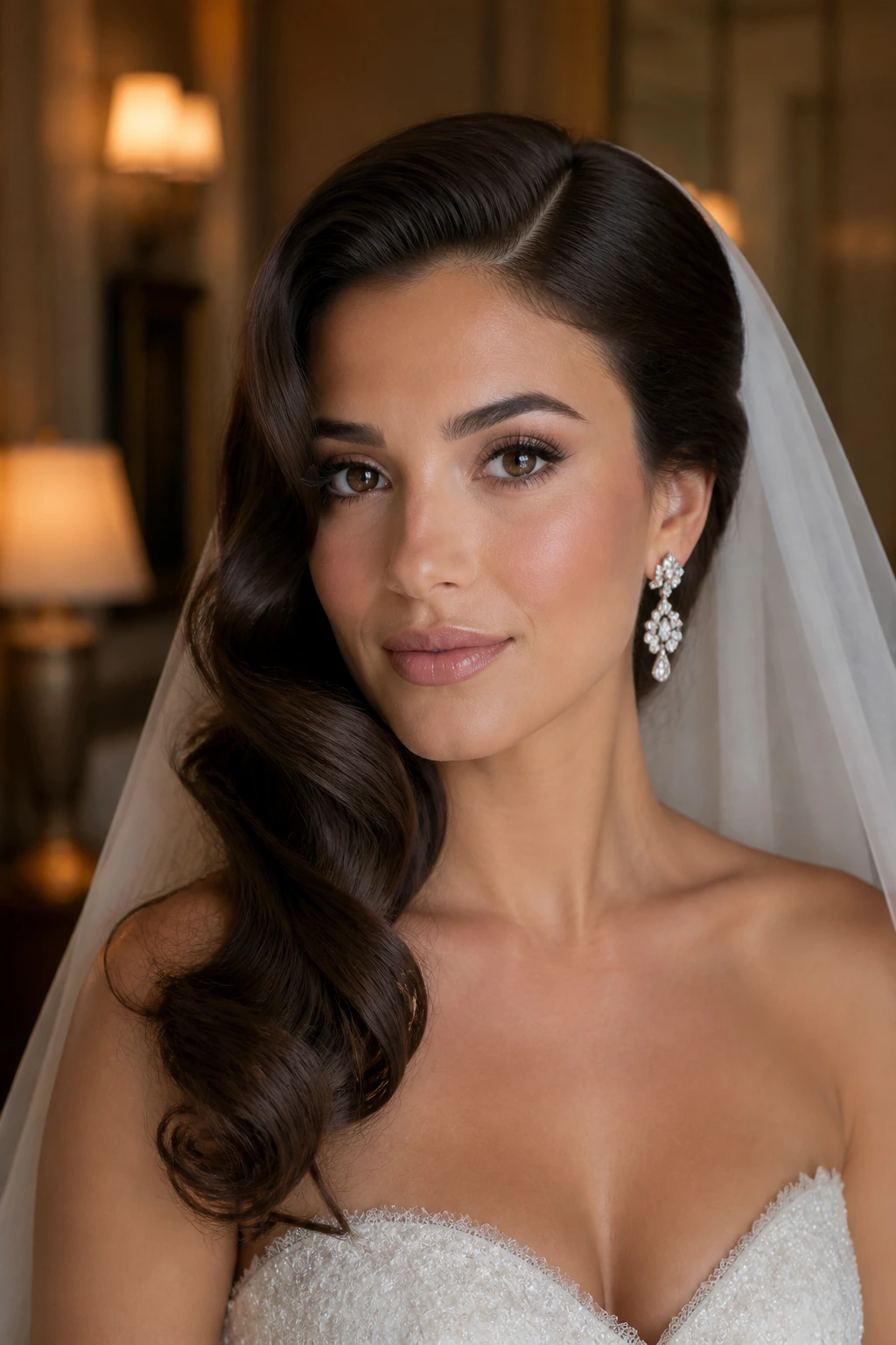 Bride with deep side-part and glossy side-swept waves