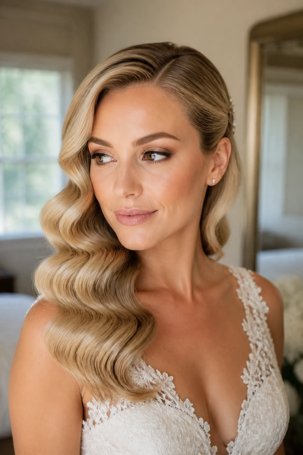 Bride with deep part and polished old Hollywood waves