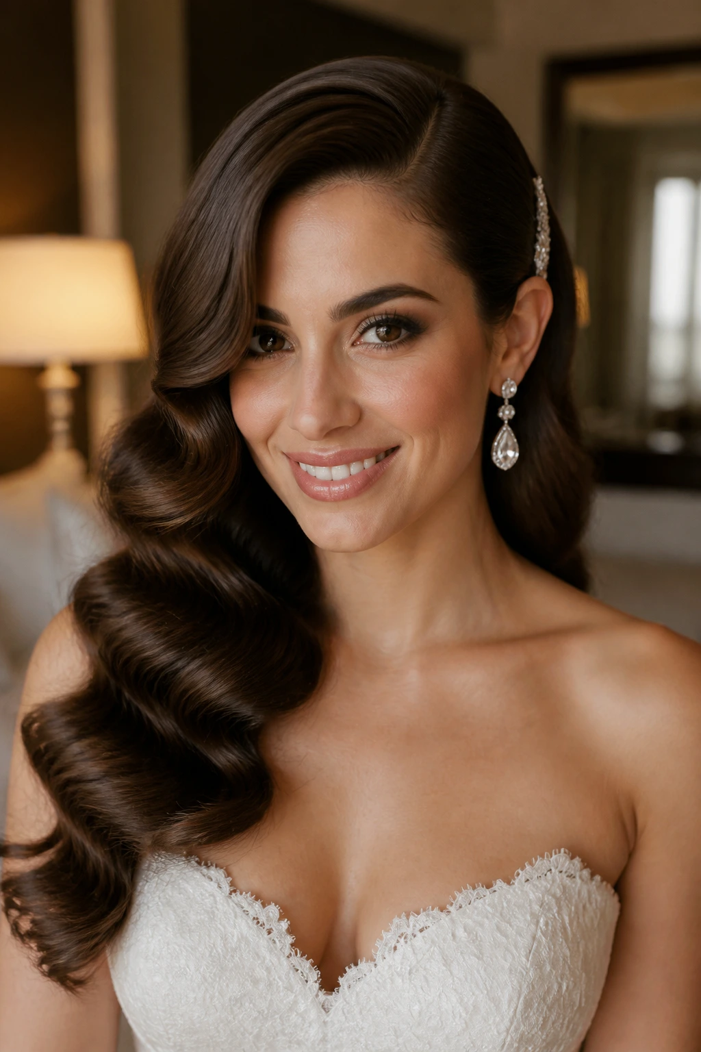 Bride with deep side-part Old Hollywood waves over one shoulder