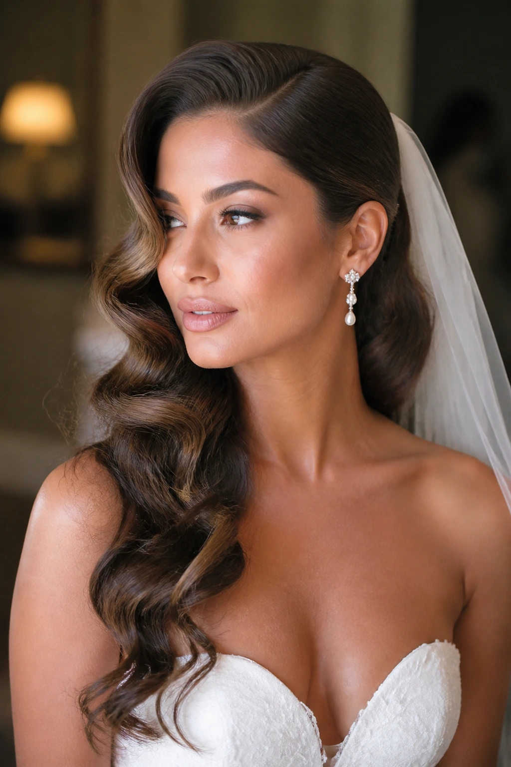 Bride with side-swept Hollywood waves