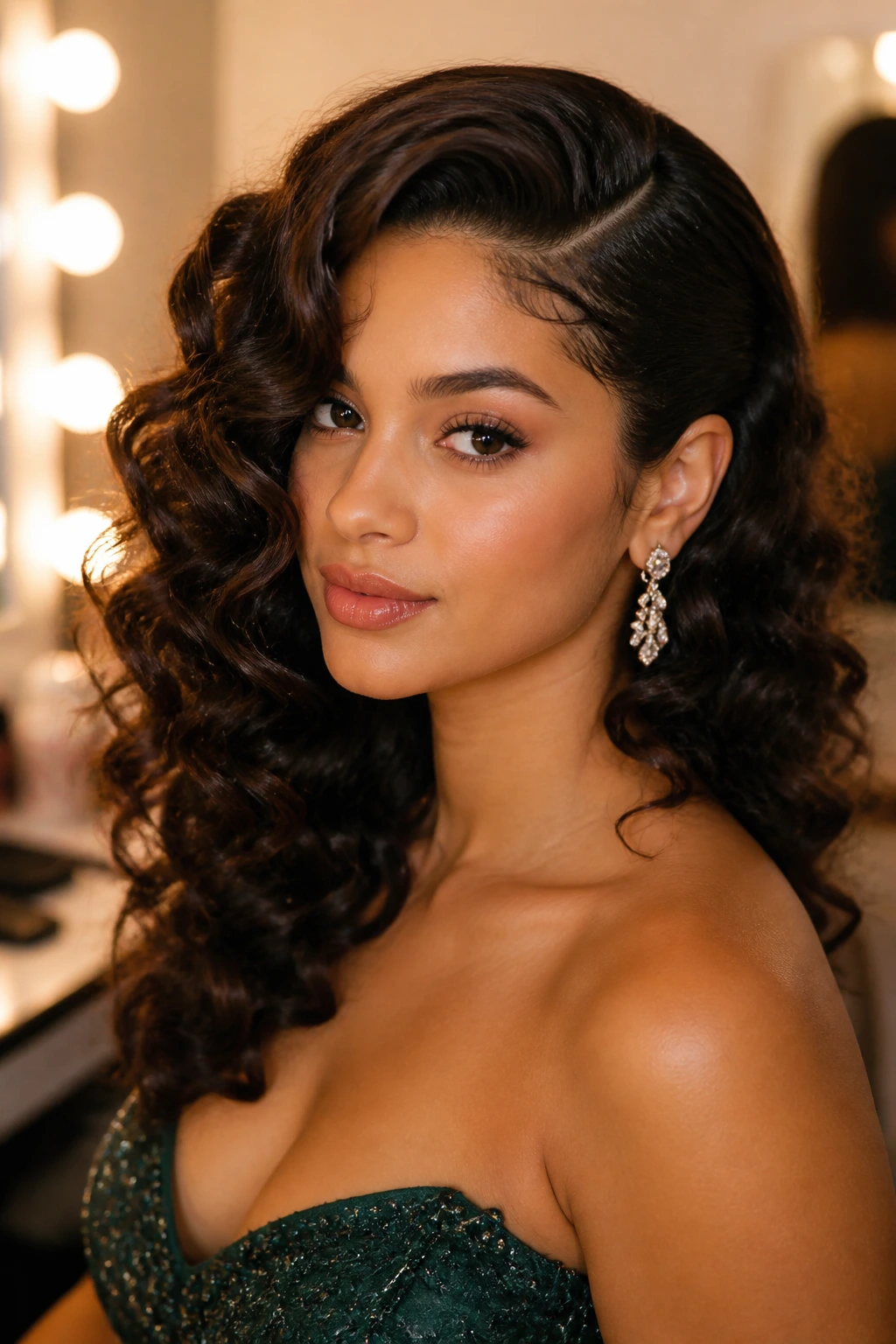 Close-up of a real woman with side-swept old-Hollywood waves on curly hair.