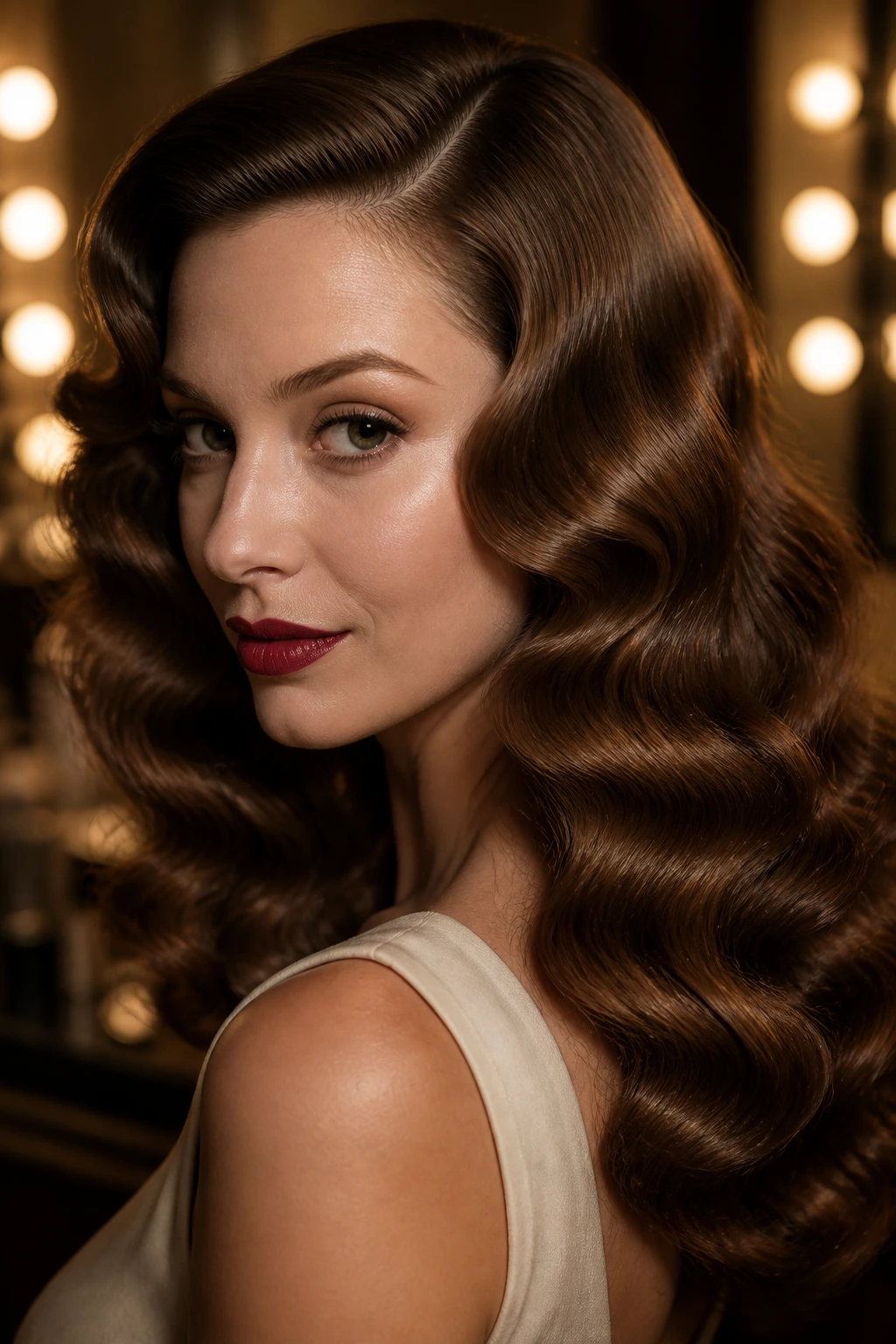Portrait of a real person with glossy Old-Hollywood waves in soft lighting