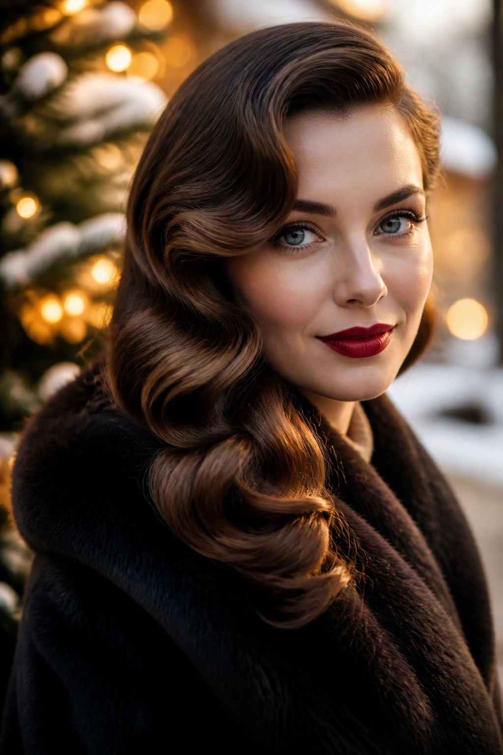 Close-up of a real woman with Old Hollywood wave hairstyle in warm window light.