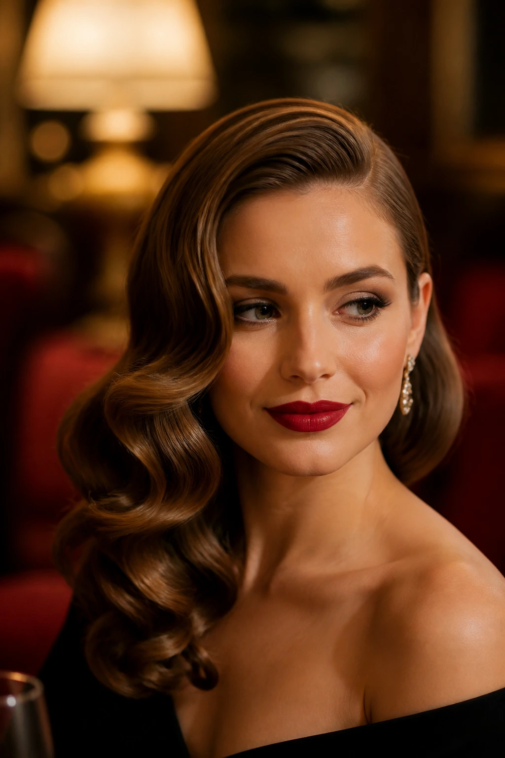 Portrait of a woman with side-swept Hollywood waves