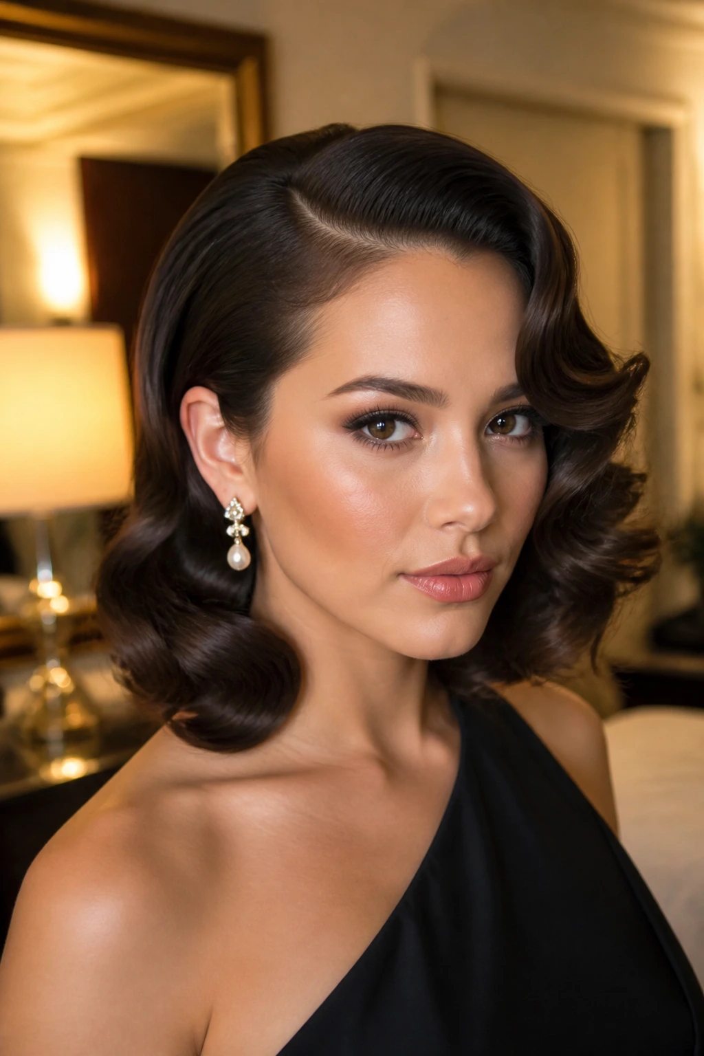 Portrait of a woman with shoulder-length old-Hollywood waves and side sweep