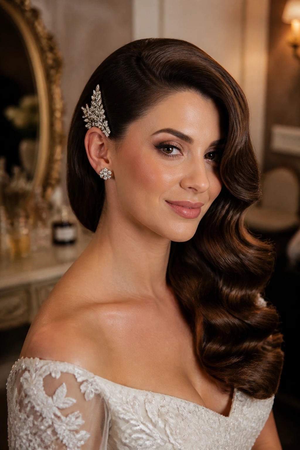 Close-up of a woman with side-swept old Hollywood S-waves and crystal comb