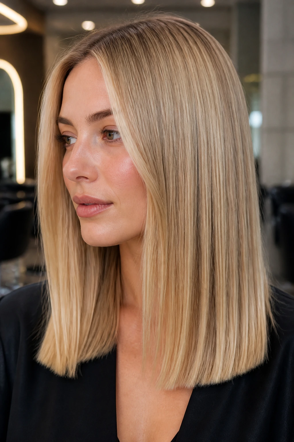 Close-up of real person with blunt-ended beige blonde hair