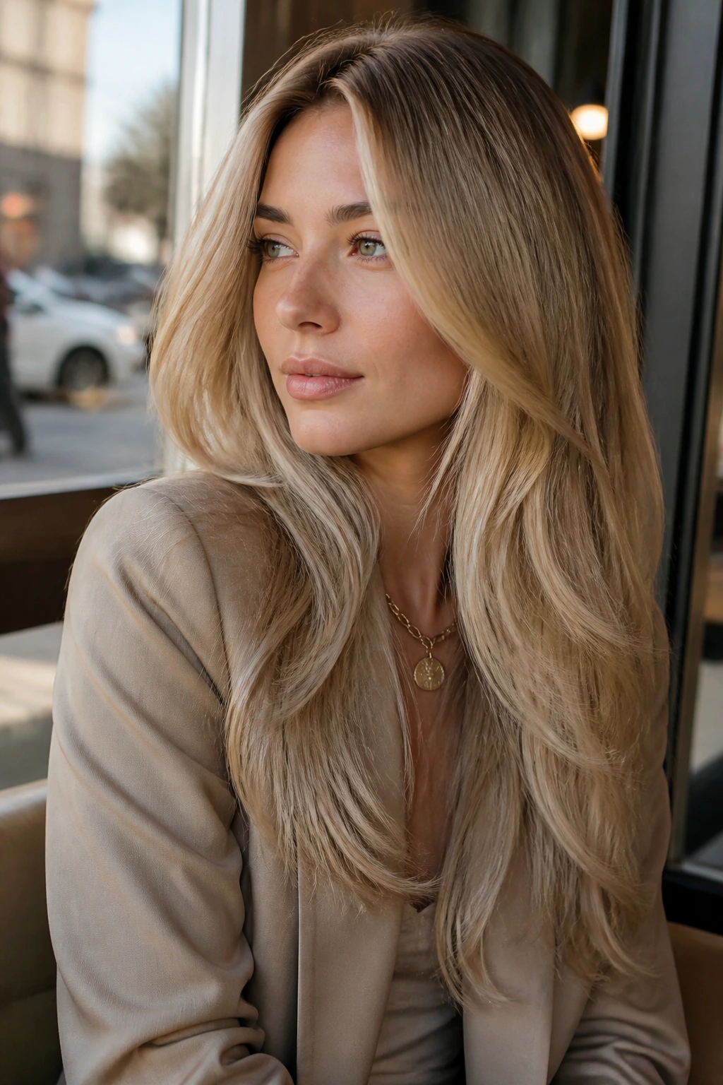 Close-up of a real woman with long layered old-money blonde hair