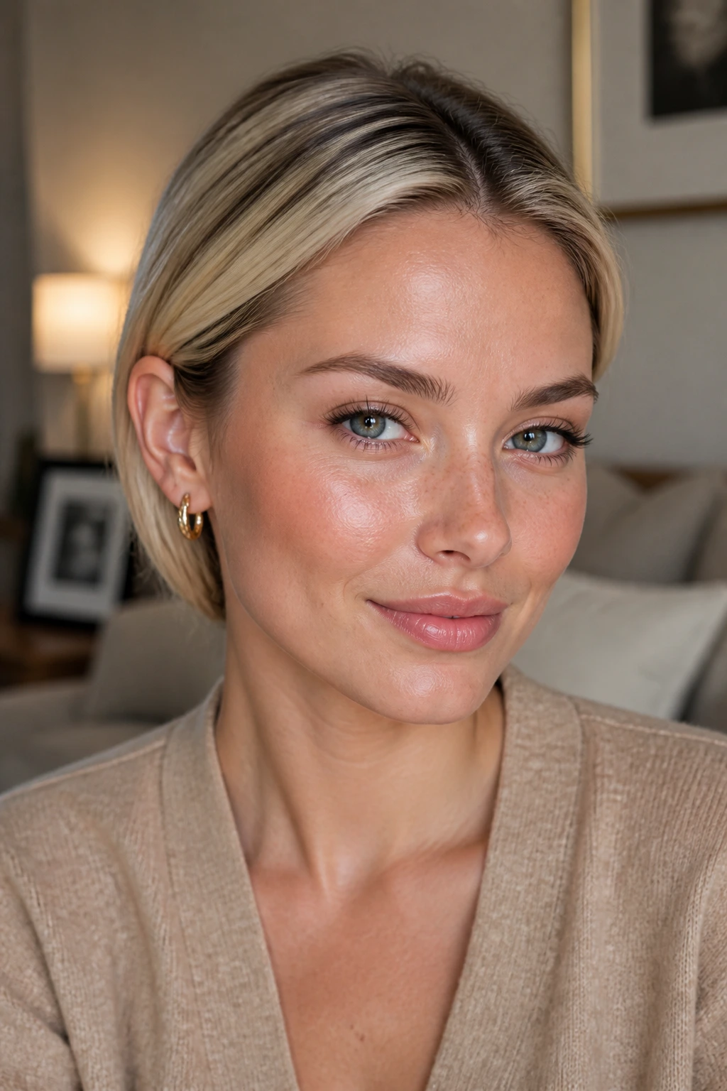 Close-up of a woman with old money blonde and shadowed roots