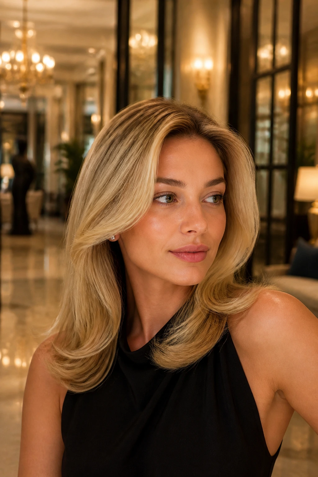 Close-up of a woman with an old money blowout under warm hotel lighting