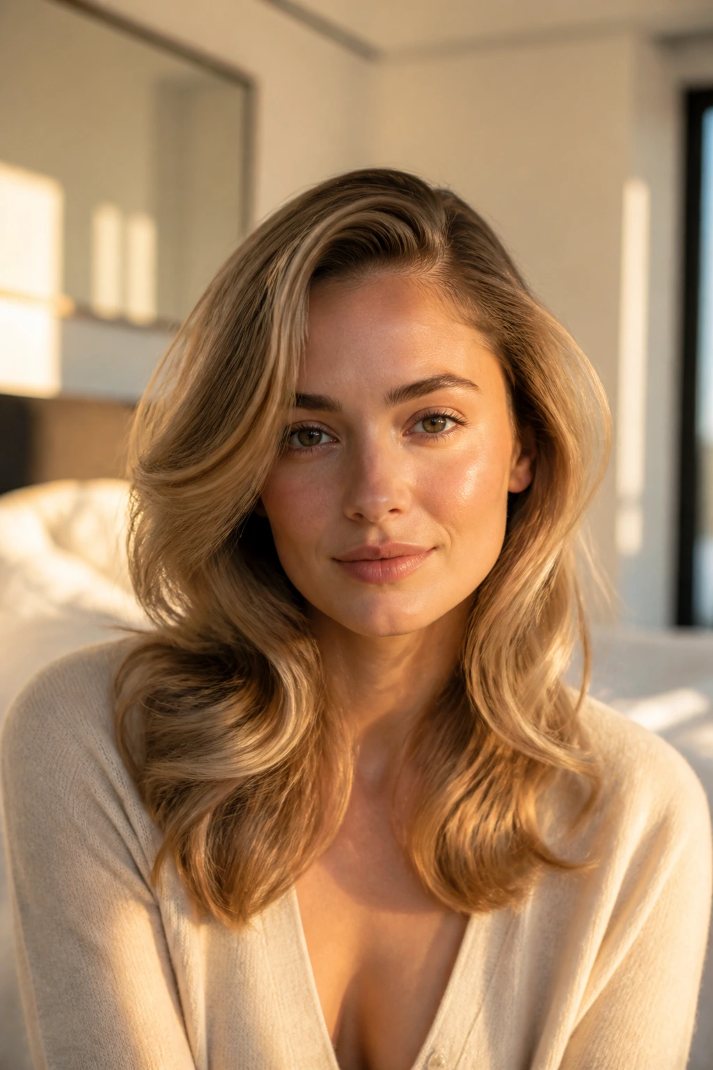 Close-up of a real woman with Old Money Blowout Waves in warm window light