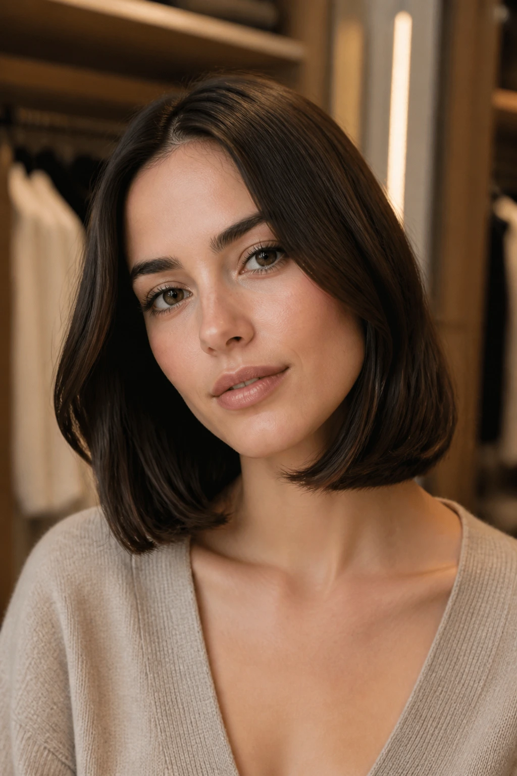 Close-up portrait of a real woman with a polished, curved-under old-money lob