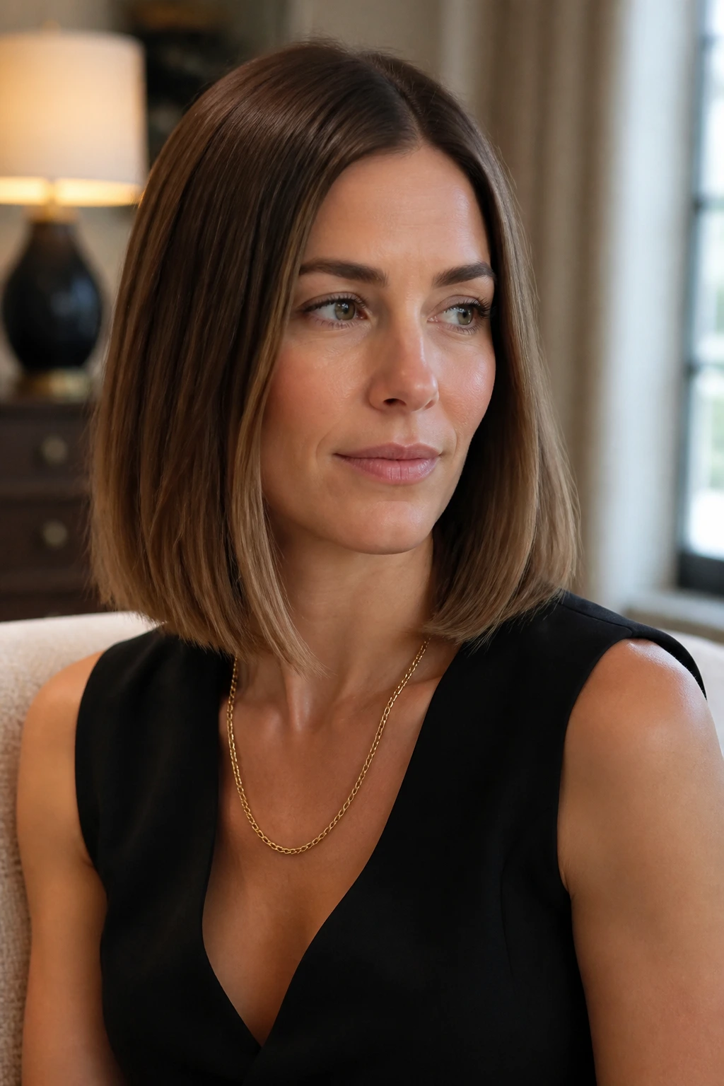 Close-up of a real woman with a polished collarbone-length Old Money Lob.