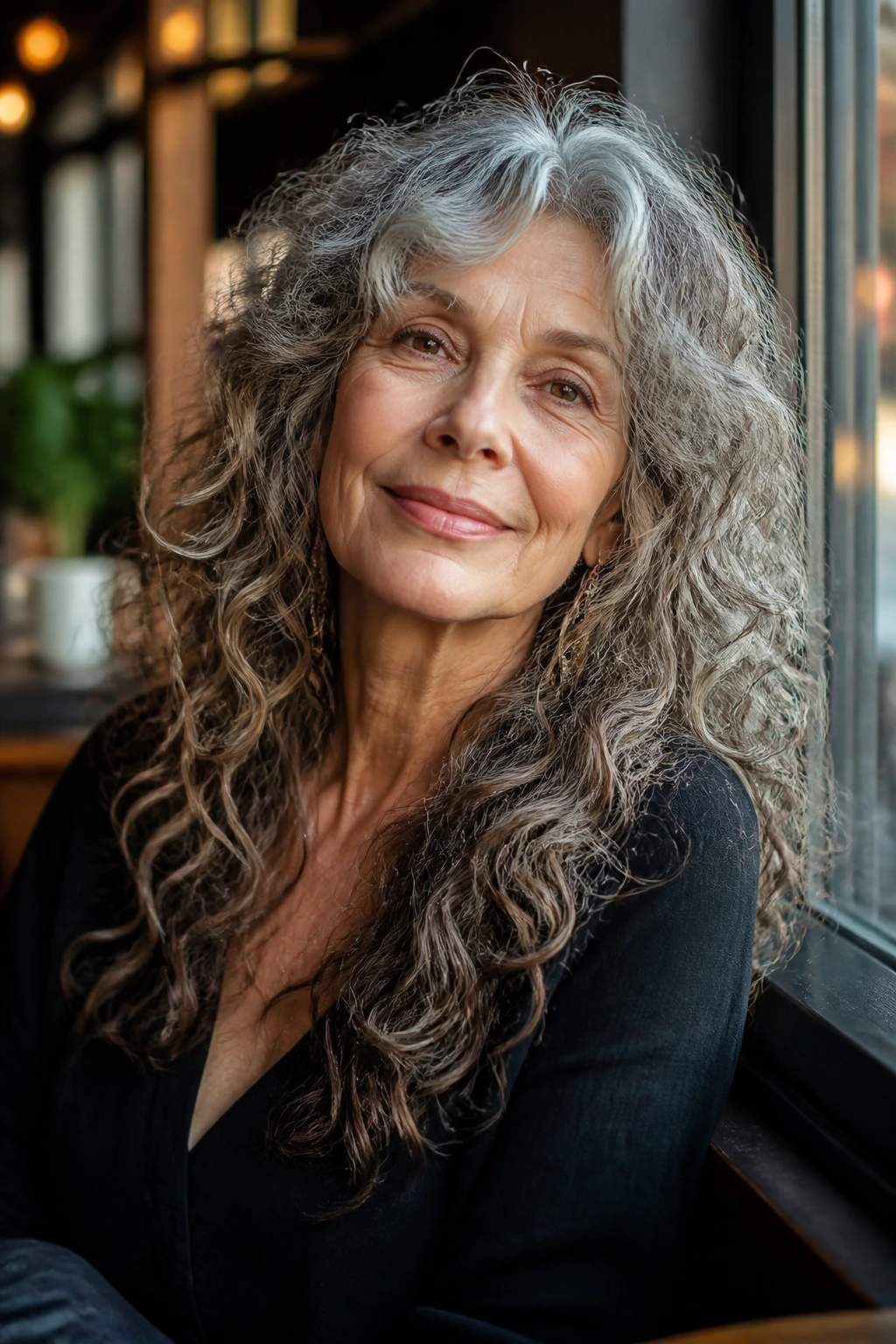 Close-up portrait of an older woman with long shaggy curly hair in cafe setting