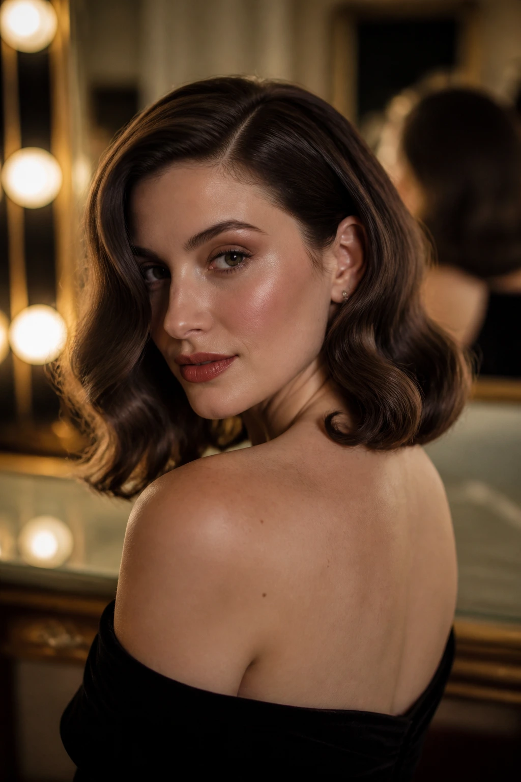 Close-up of a real woman with Old-Hollywood lob waves in a vintage setting