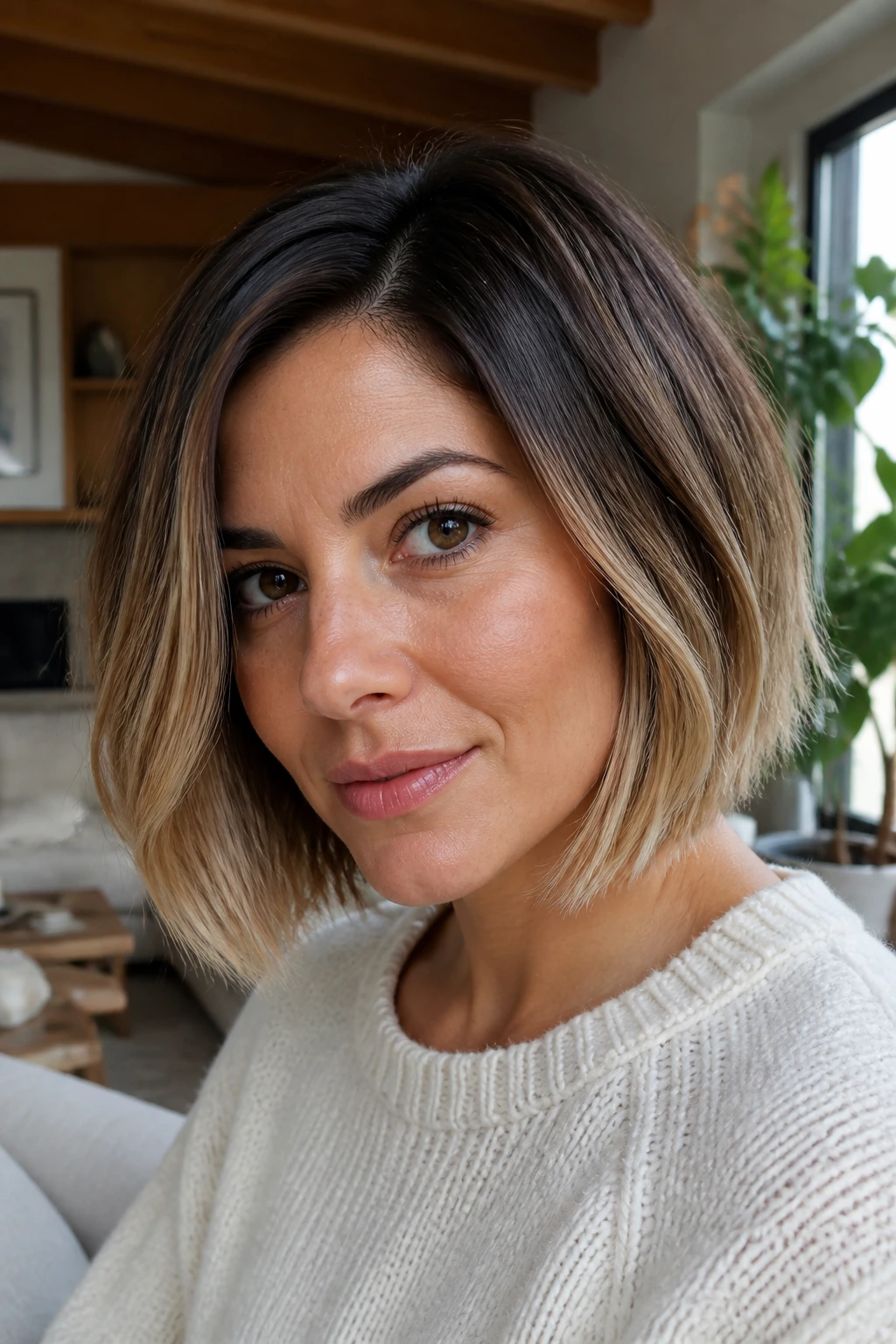 Close-up of a real woman with a softly blended ombre bob showing a dark root shadow fading to lighter ends