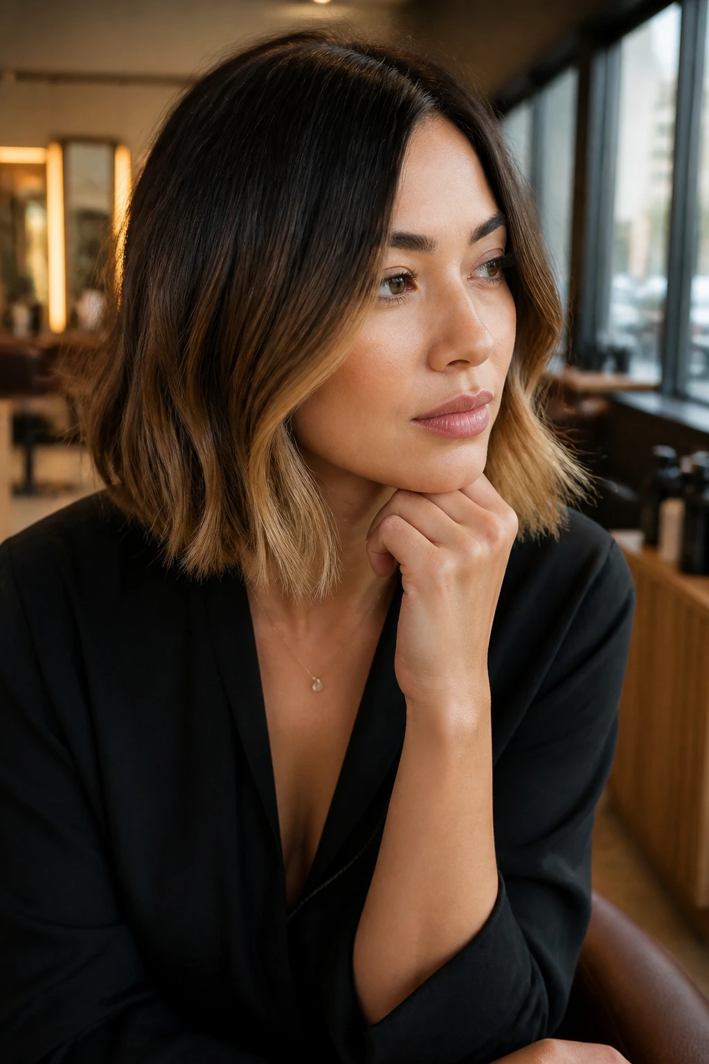 Thoughtful portrait of a woman with a bob showing subtle ombre in a salon setting