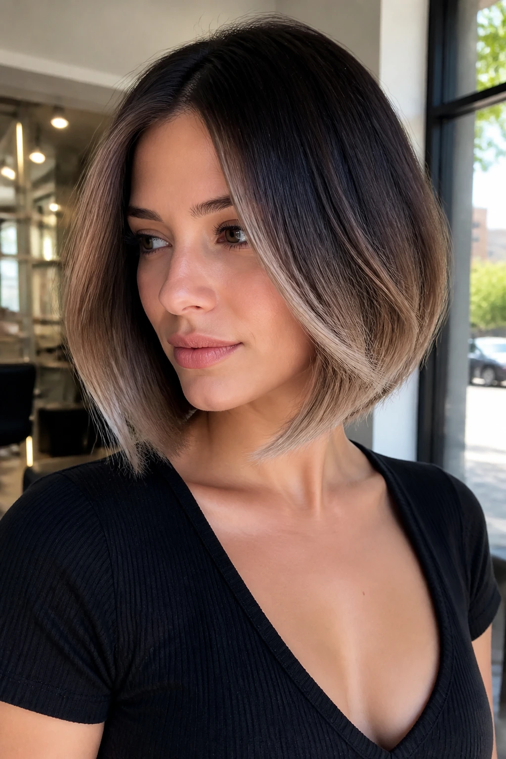 Real person with a bob showing multiple shade variations in the ombre fade