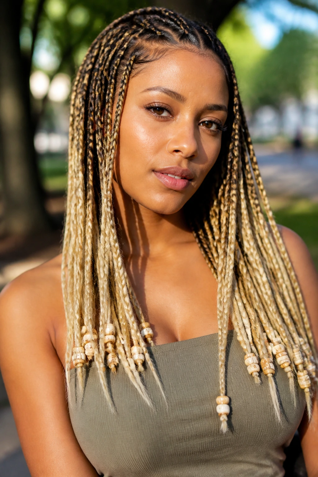 Close-up of ombre blonde boho braids with beaded ends on a real person.
