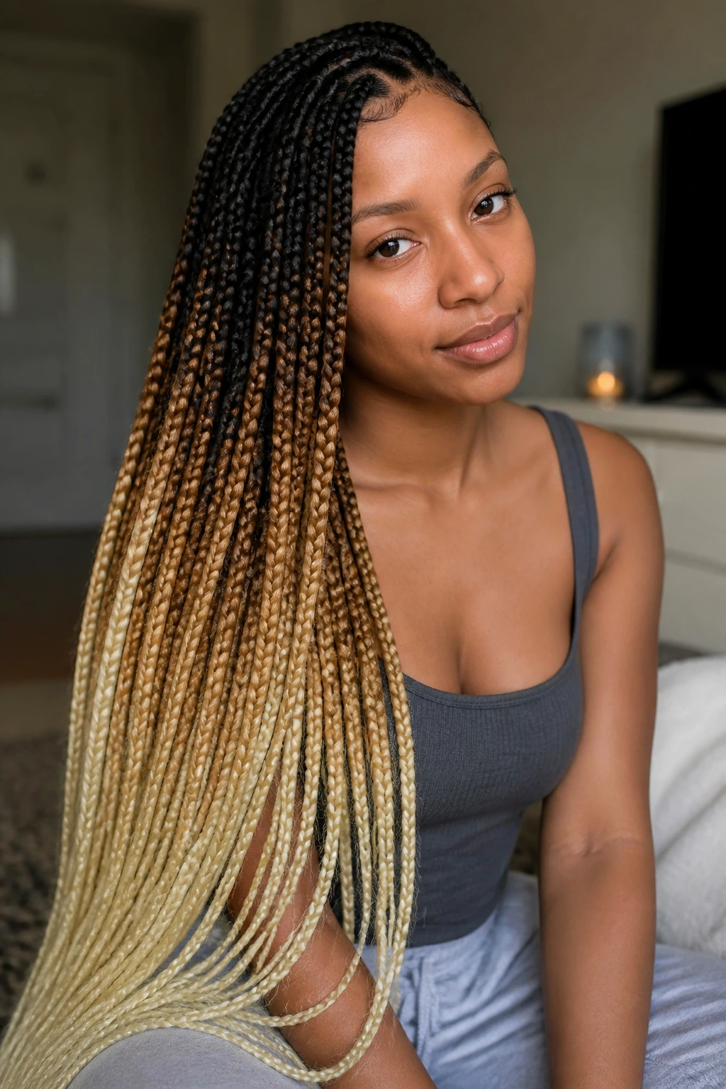 Long box braids with ombré color melt on a real person
