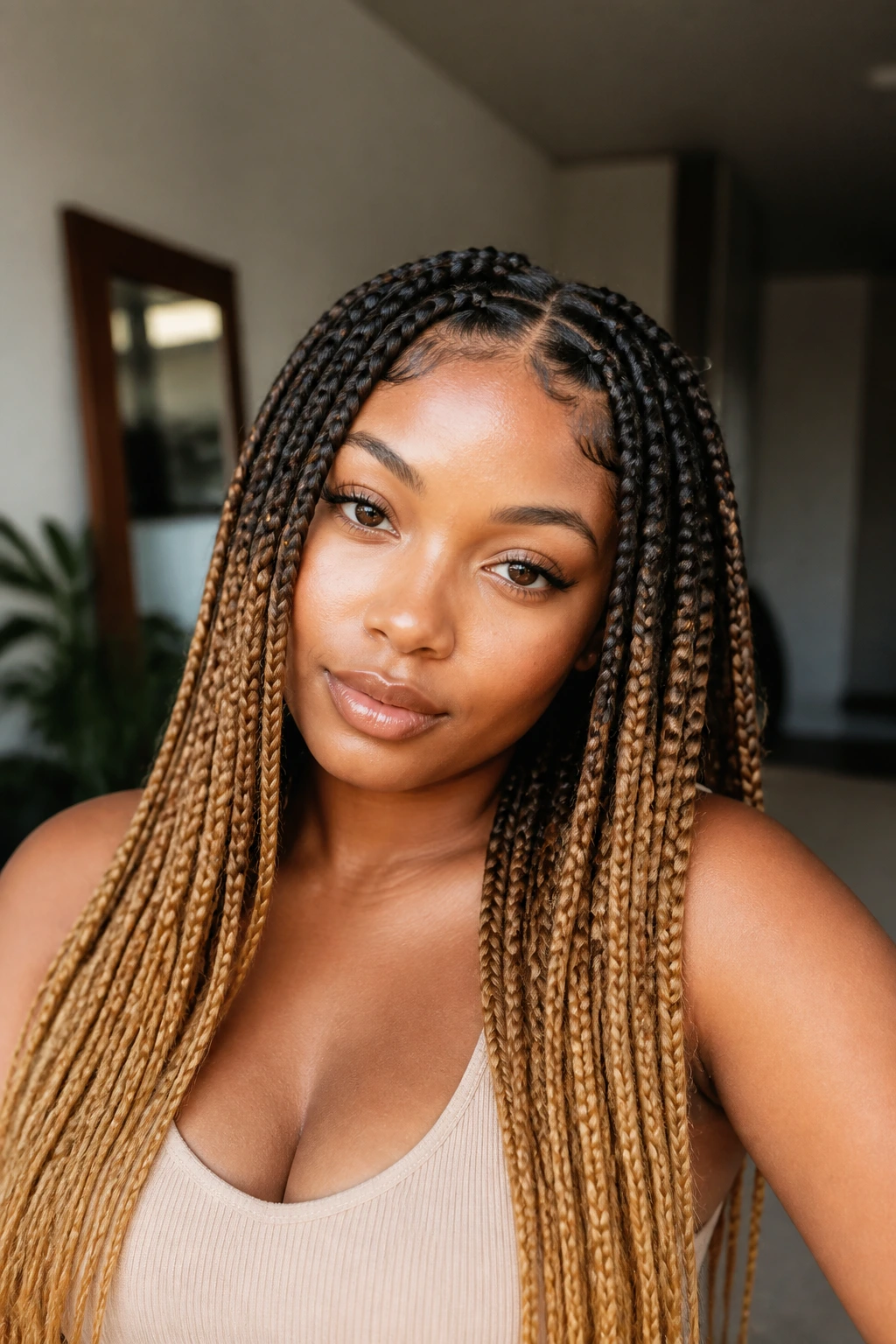 Close-up portrait of a real woman wearing ombre box braids with a smooth dark-to-light gradient